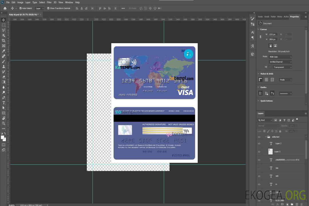 Modèle de carte visa Algérie banque extérieure au format PSD, entièrement modifiable template